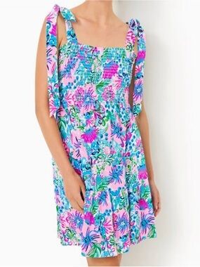 Lilly Pulitzer Kailua Smocked Dress Pink Floral Tie-Shoulder XL